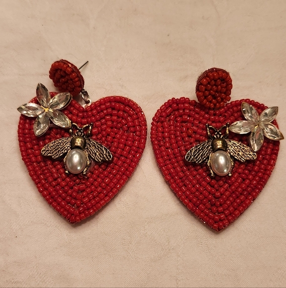 Beaded Rhinestone Heart Earrings - Picture 2 of 4